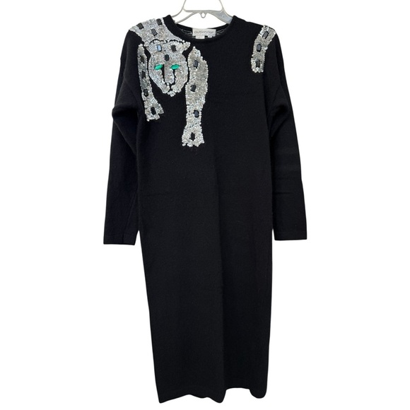 Vintage 80s Sequin Lambswool Leopard Cat Sweater Dress Size Medium Black Glam - Picture 1 of 8
